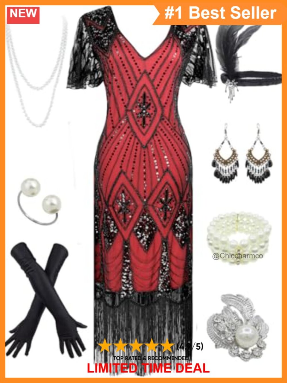 1920s Gatsby Sequin Flapper Dress & Accessories Set Satin Sz L